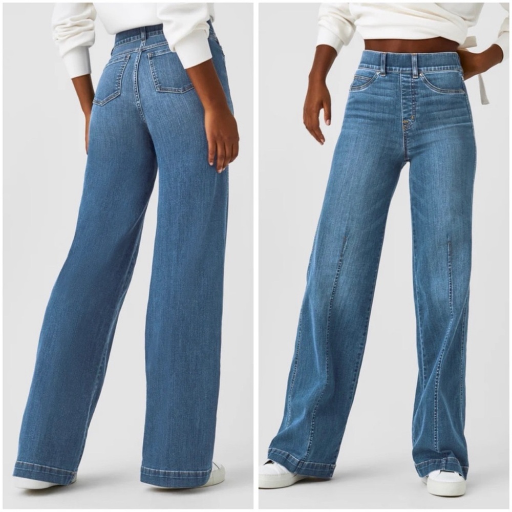 SPANX Seamed Front Wide Leg Jeans Vintage Indigo Pull On LP Large Petite…